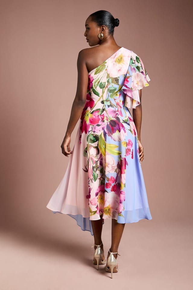 Coast Coast Women's One Shoulder Floral Printed Chiffon Dress in Light Blue - 3