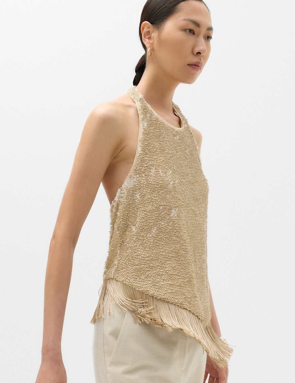 Marks & Spencer M&S Sequin Fringe Detail Halter Neck Crop Top Gold