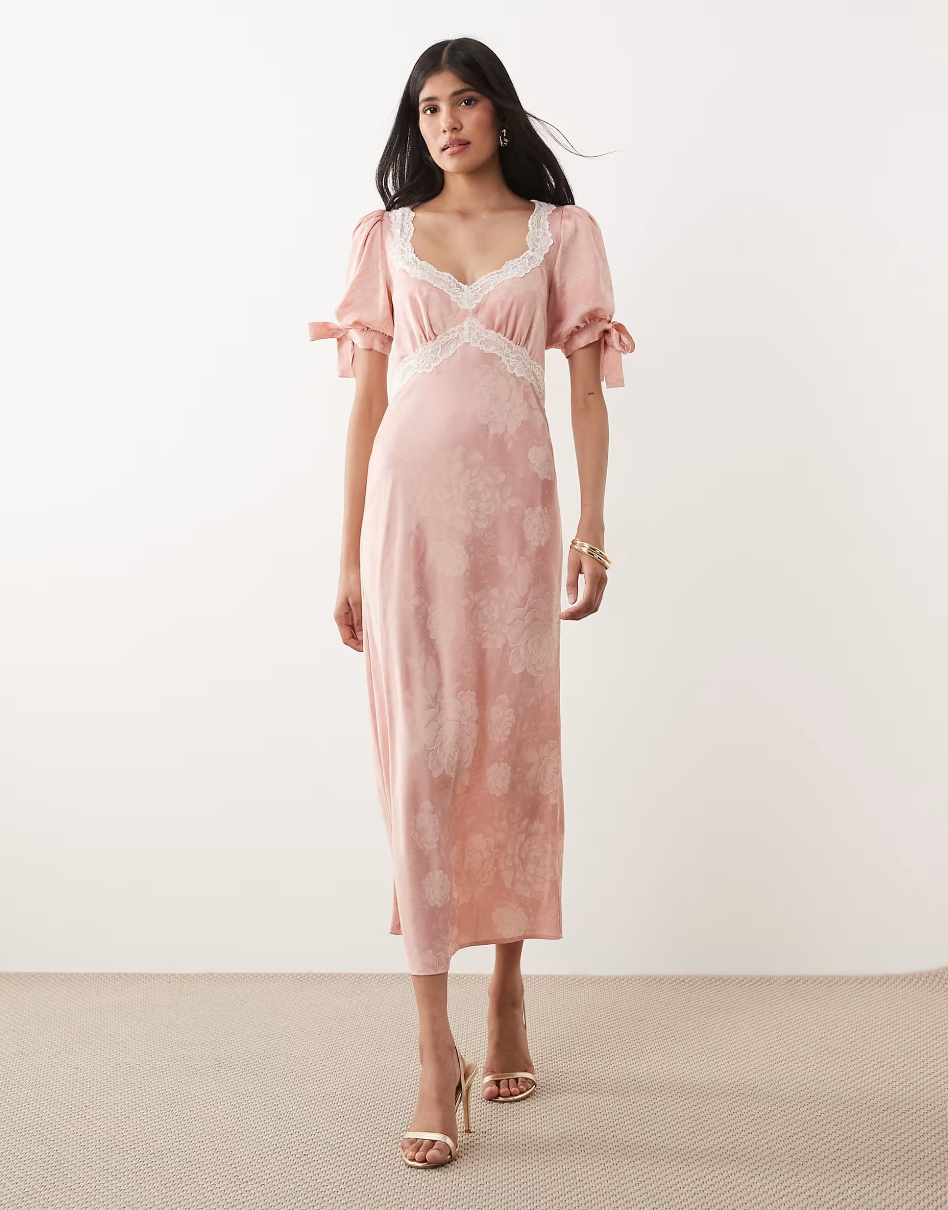ASOS Hope & Ivy satin jacquard lace trim tie sleeve midi dress in pink