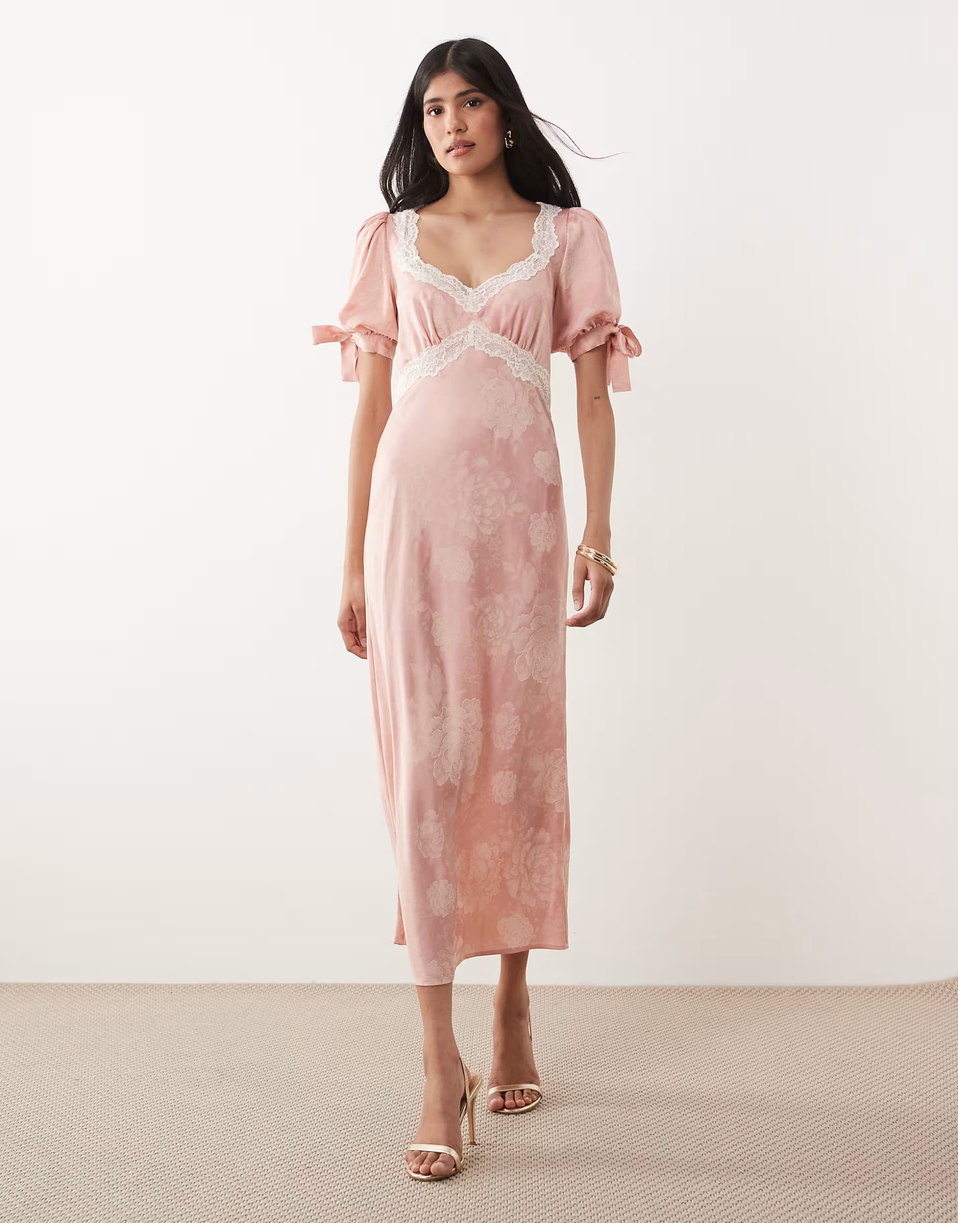 ASOS Pink Satin Jacquard Lace Trim Midi Dress