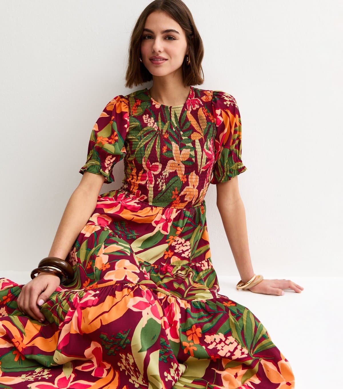 New Look Women's Red Tropical Floral Print Crepe Smock Shirred Midi Dress New Look