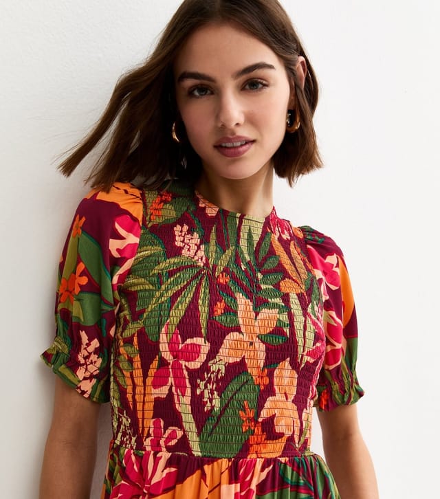 New Look Women's Red Tropical Floral Print Crepe Smock Shirred Midi Dress New Look - 2