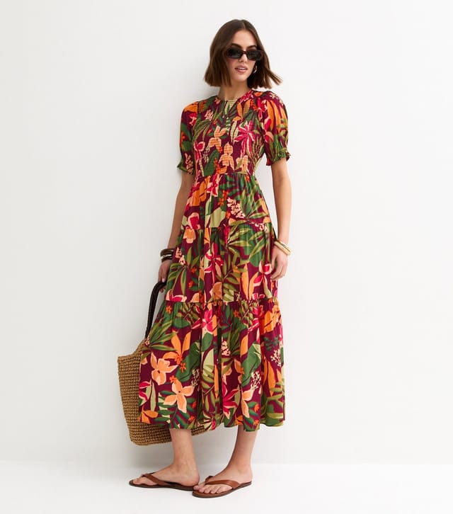 New Look Women's Red Tropical Floral Print Crepe Smock Shirred Midi Dress New Look - 3