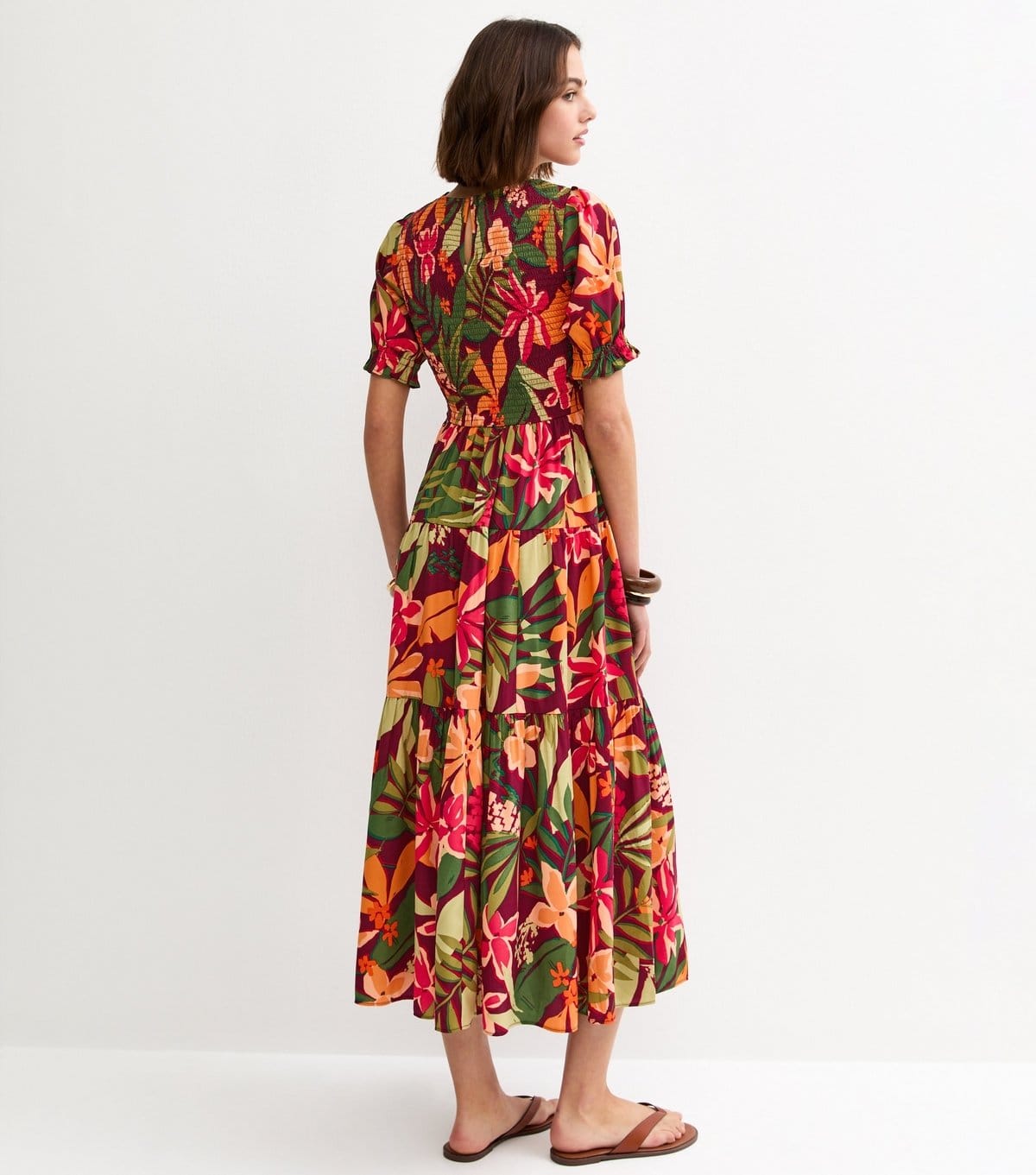 New Look Women's Red Tropical Floral Print Crepe Smock Shirred Midi Dress New Look - 4