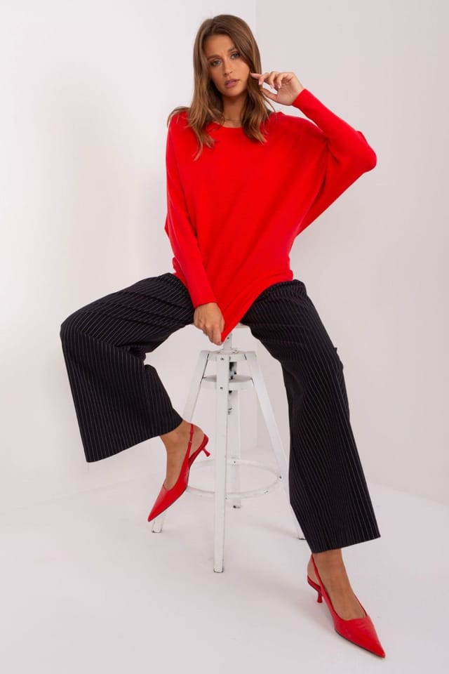 Love Lace Love Lace Women's Viscose Batwing Sweater Round Neck Relaxed Fit in Red - 2