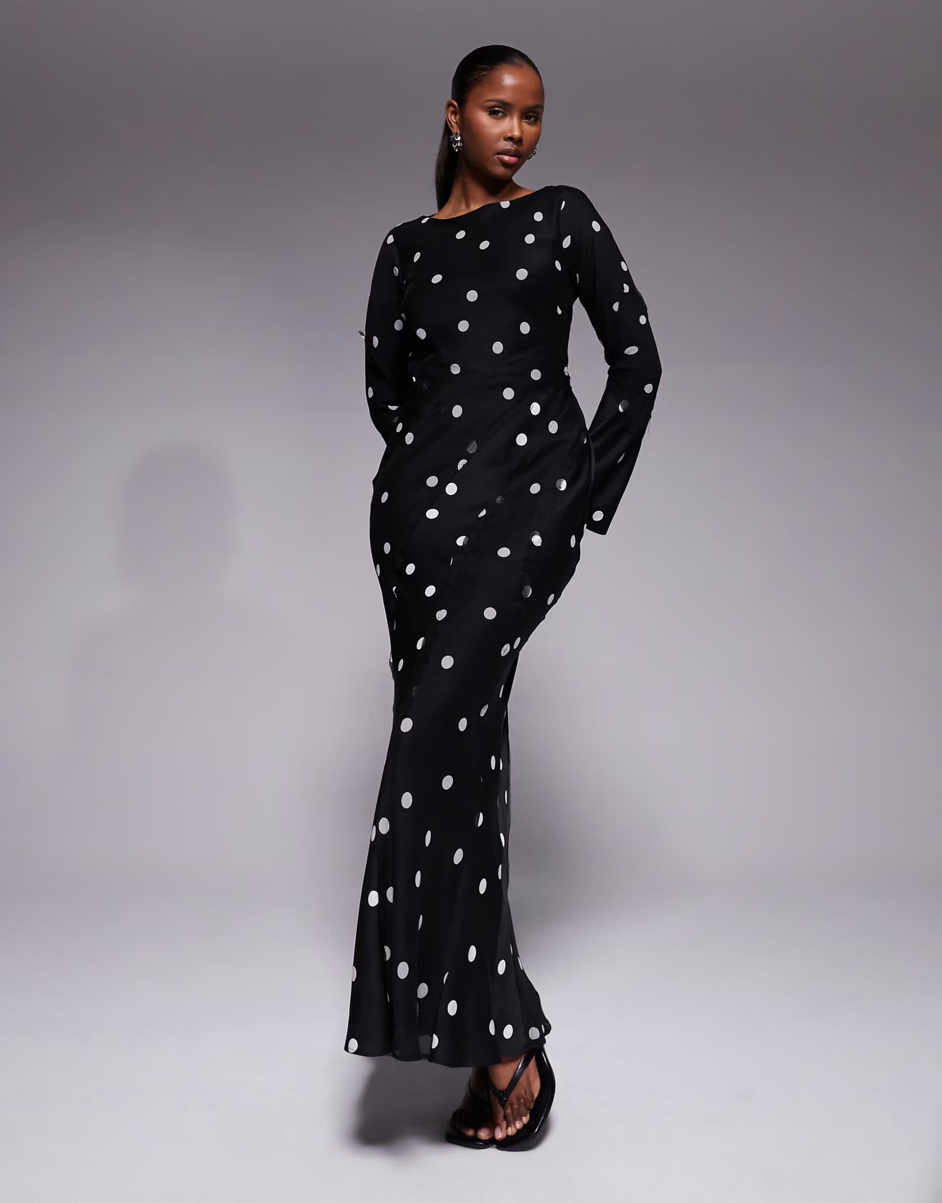 ASOS ASOS DESIGN satin slash neck long sleeve maxi dress with raw edge panel detail in mono spot