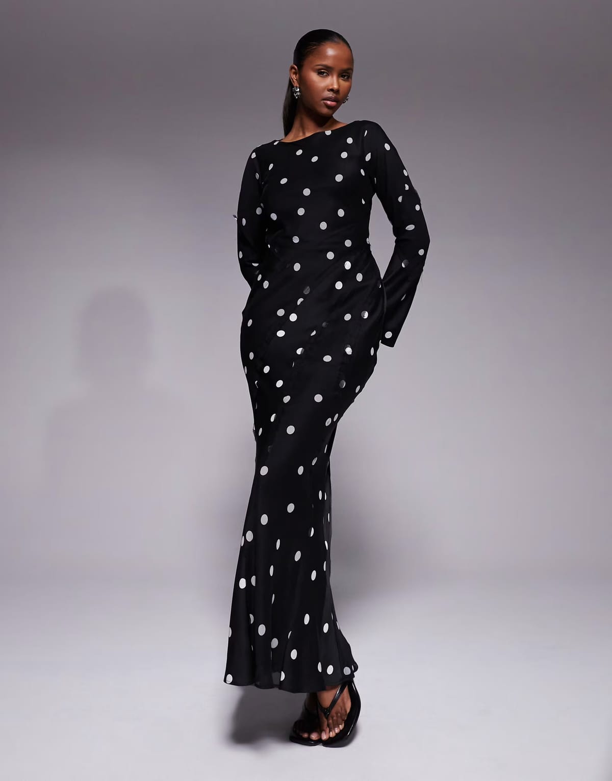 ASOS ASOS DESIGN satin slash neck long sleeve maxi dress with raw edge panel detail in mono spot - 1