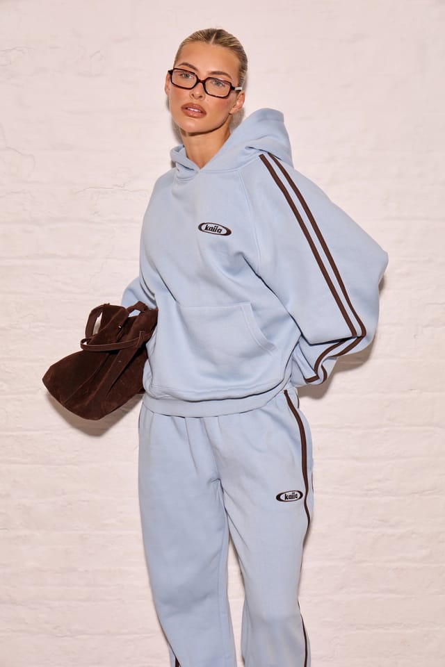 Kaiia Kaiia Sport Side Stripe Oversized Hoodie Dusty Blue & Chestnut Brown - 2