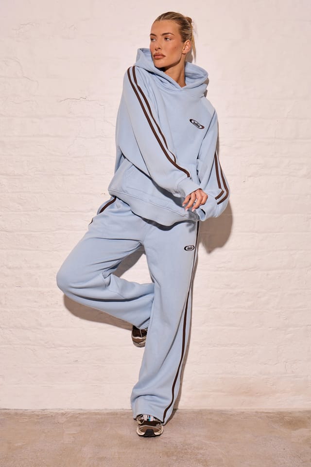 Kaiia Kaiia Sport Side Stripe Oversized Hoodie Dusty Blue & Chestnut Brown - 3