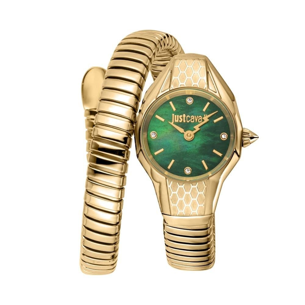 Just Cavalli Just Cavalli Women's Green Dial Snake 316L Stainless Steel Diamond Watch in Gold