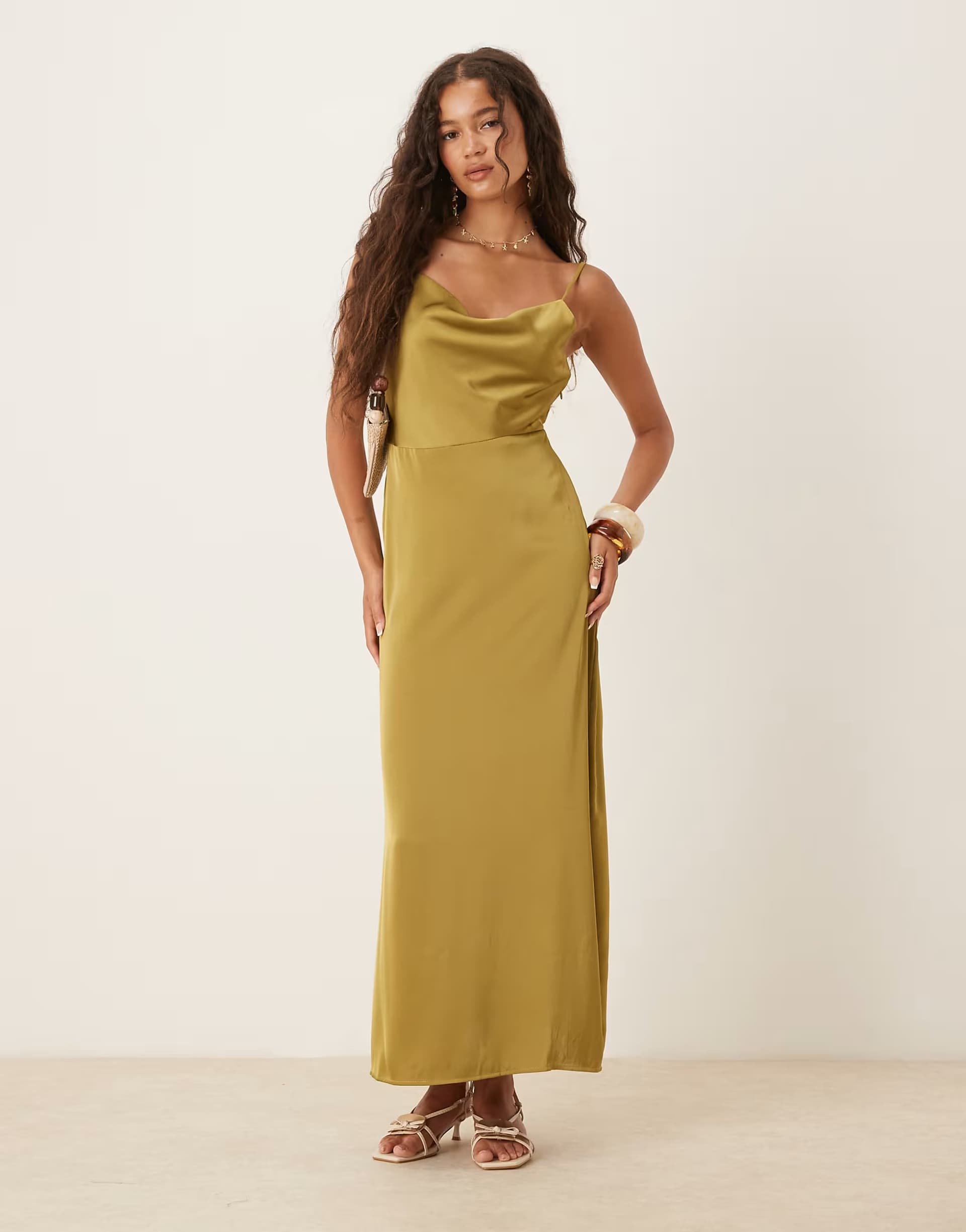 ASOS Vila satin cowl neck maxi dress in olive green