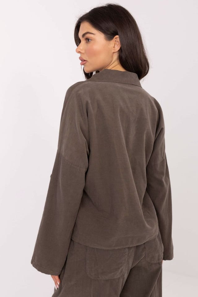 Love Lace Love Lace Women's Stylish Corduroy Long Sleeve Button Shirt in Dark Olive - 3
