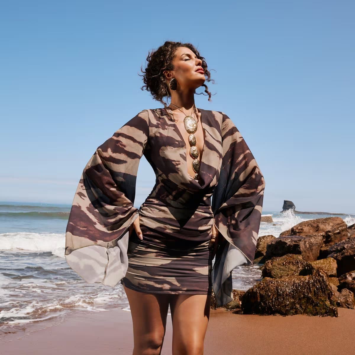 EGO Long Floaty Sleeve Plunge Neck Ruched Mini Dress In Brown Abstract Print, Women's Size UK 6