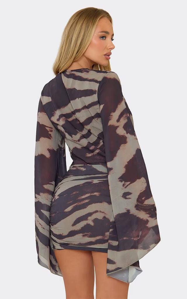 EGO Long Floaty Sleeve Plunge Neck Ruched Mini Dress In Brown Abstract Print, Women's Size UK 6 - 2