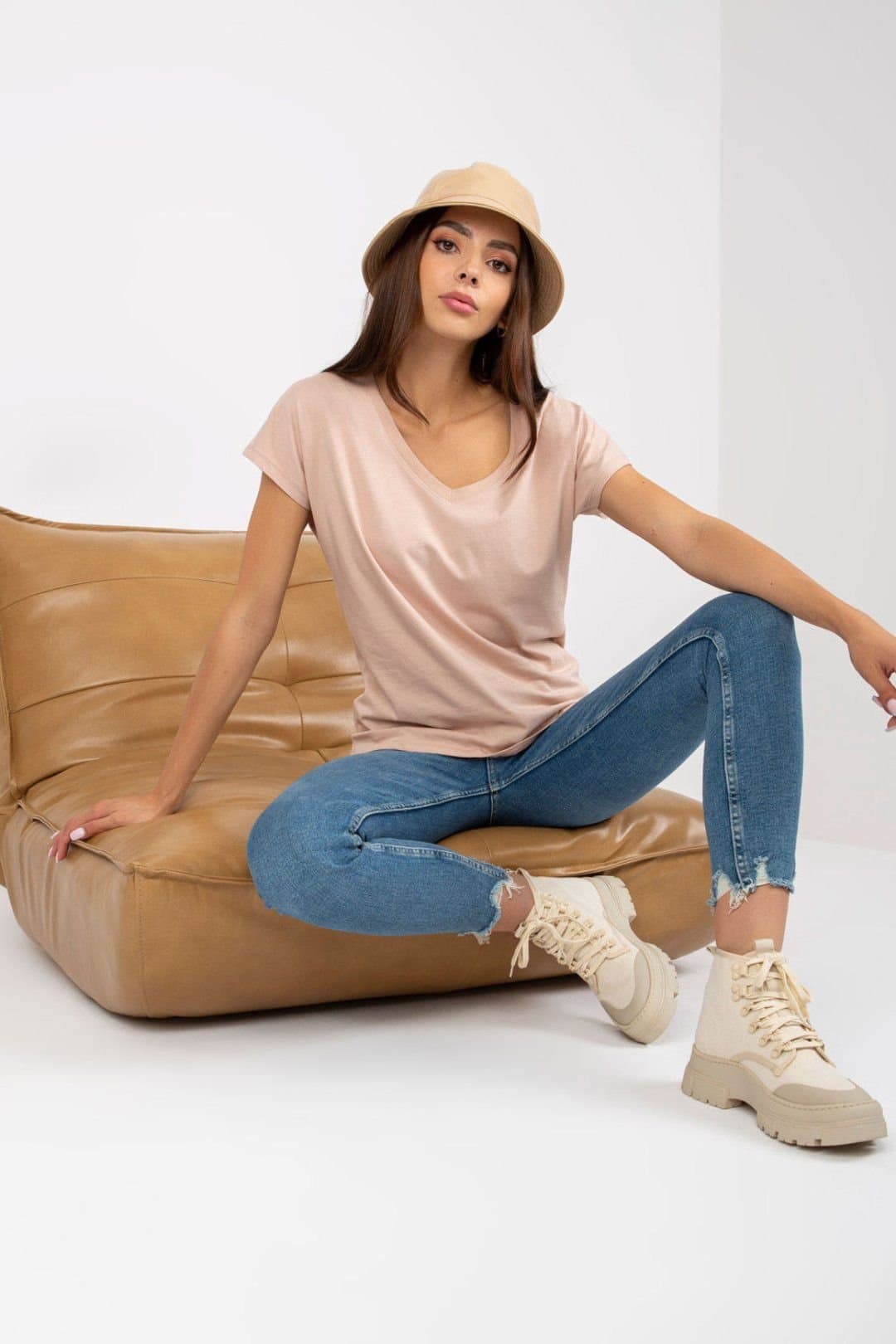 Love Lace Love Lace Women's Short Sleeve Heart Neck Everyday T-Shirt in Beige