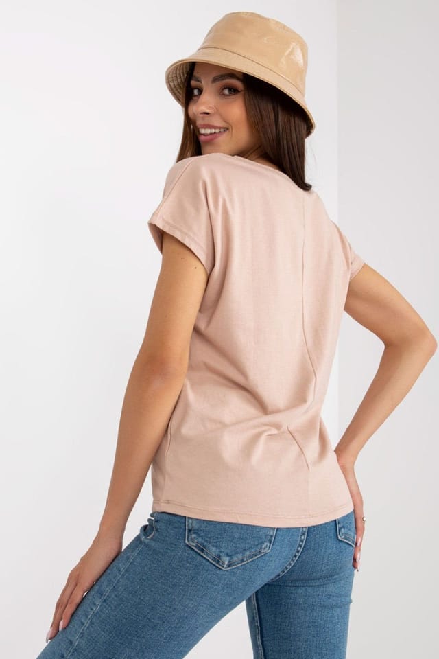 Love Lace Love Lace Women's Short Sleeve Heart Neck Everyday T-Shirt in Beige - 3