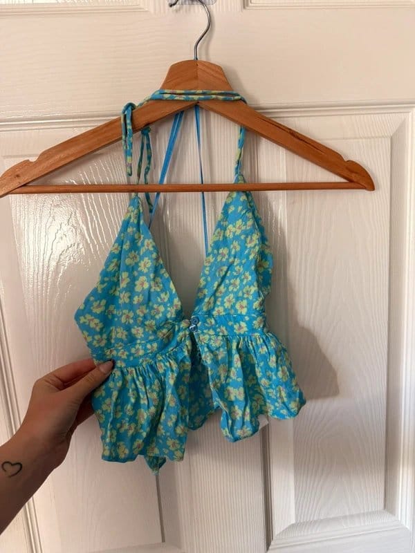Bershka Turquoise Floral Backless Crop Top