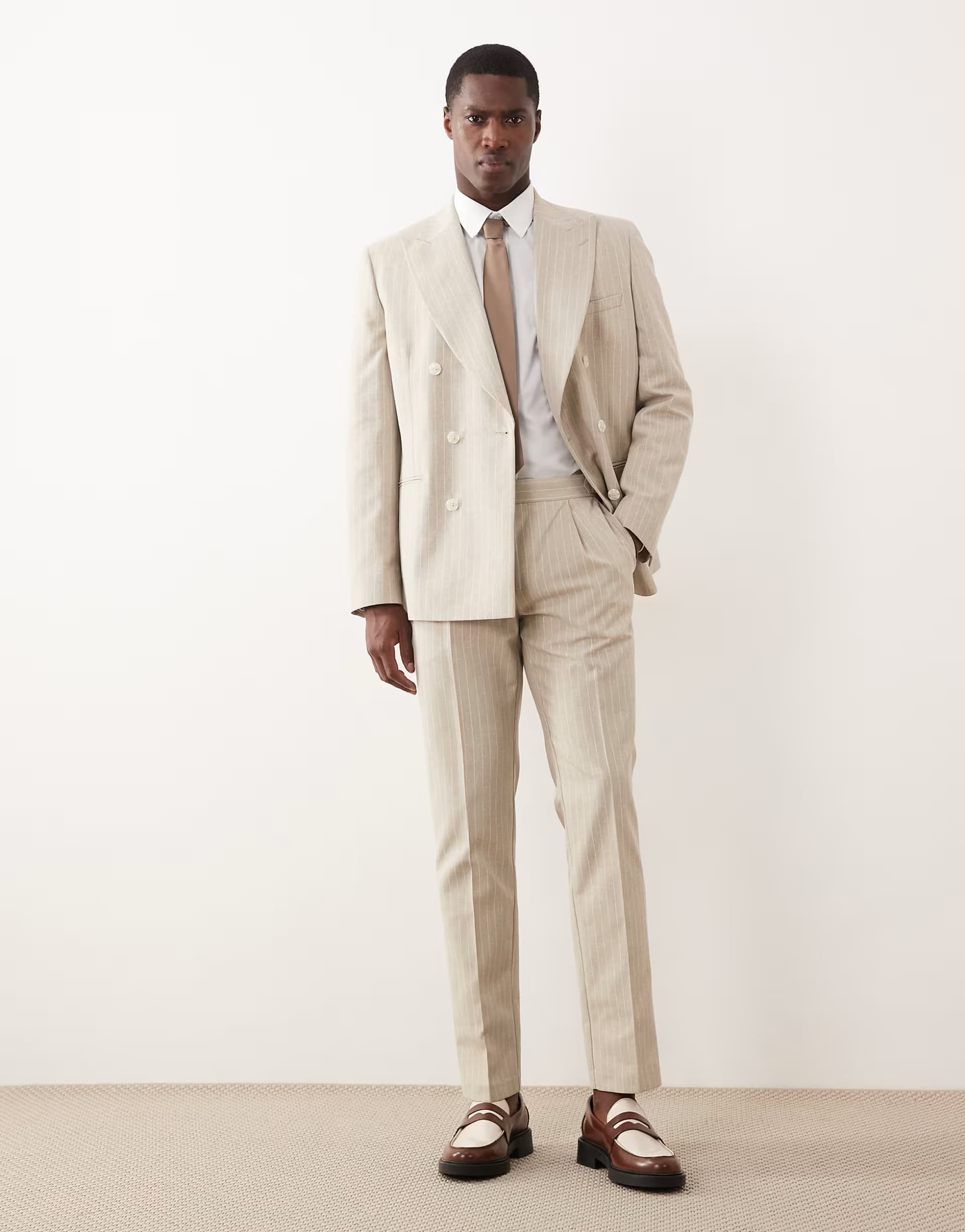 ASOS ASOS DESIGN slim suit trouser with linen in stone pinstripe