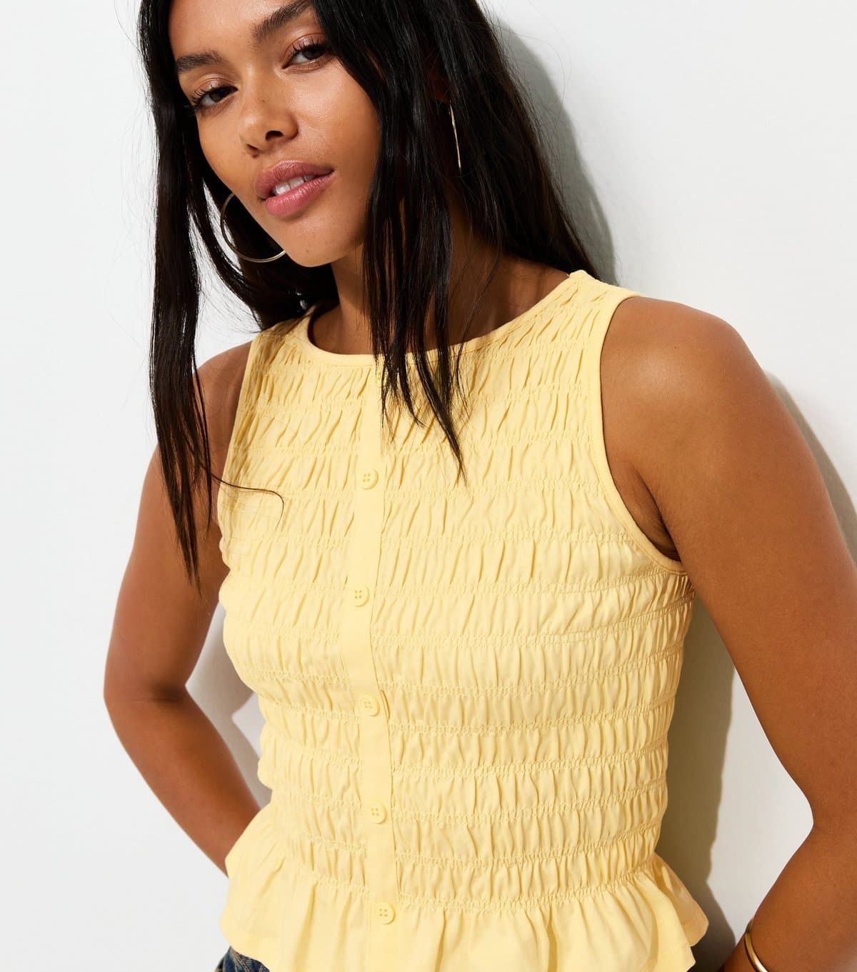 New Look Women's Light Yellow Cotton Faux Button Shirred Flared Hem Top New Look