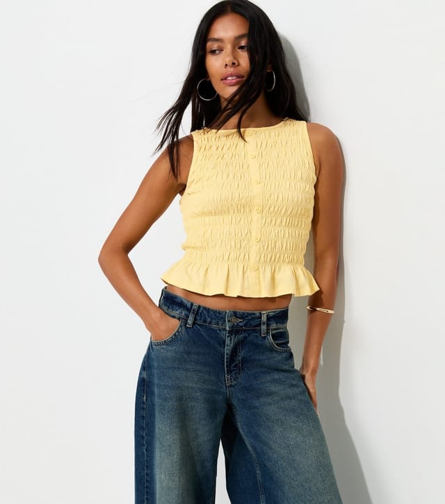 New Look Women's Light Yellow Cotton Faux Button Shirred Flared Hem Top New Look - 3