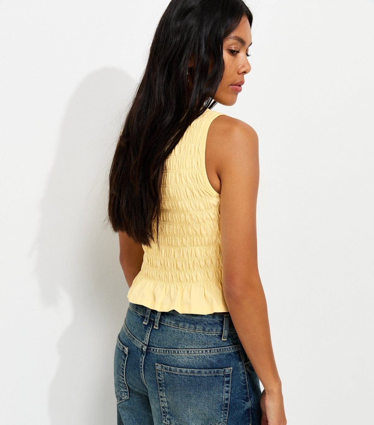 New Look Women's Light Yellow Cotton Faux Button Shirred Flared Hem Top New Look - 4