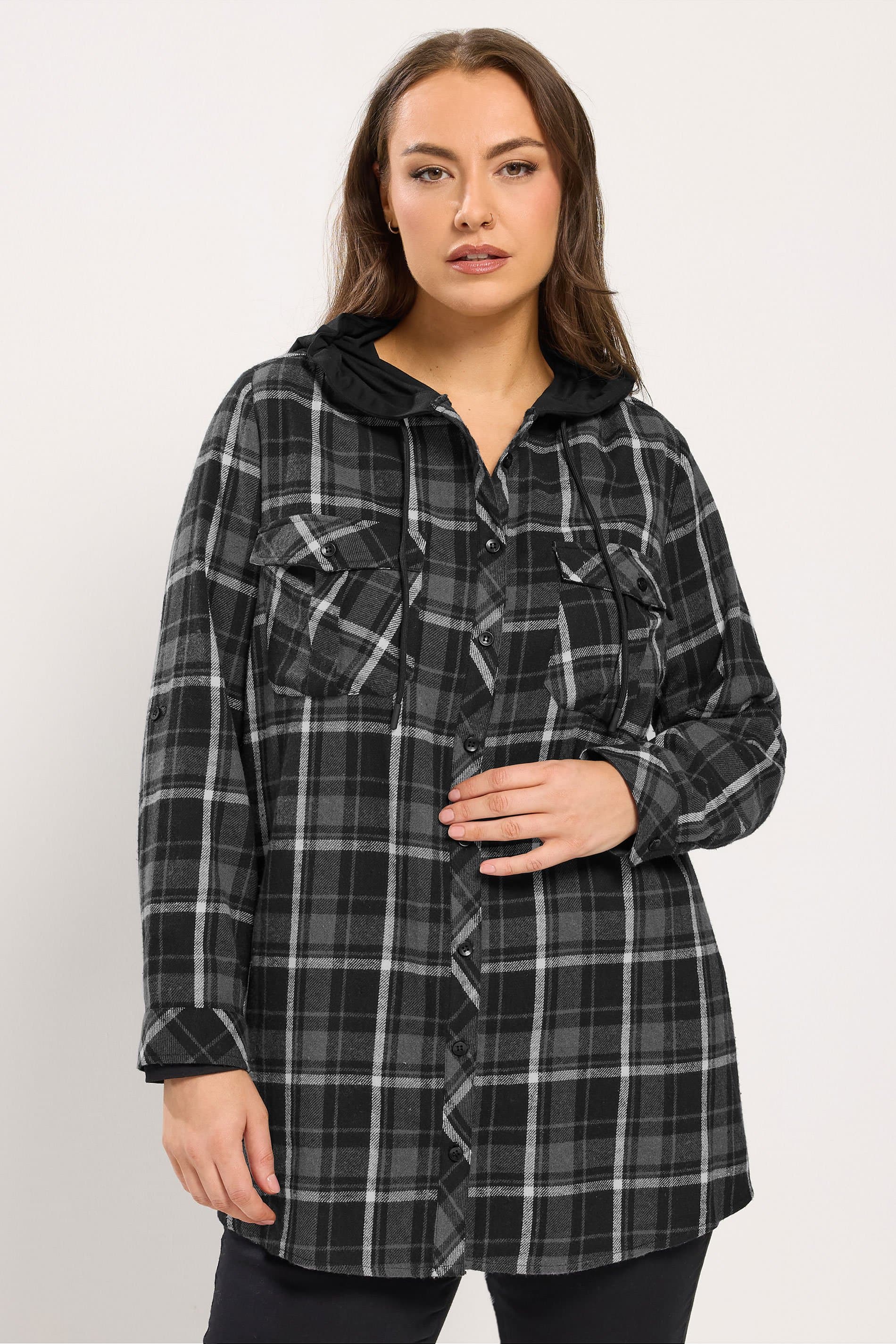 Yours Plus Size Grey Hooded Check Shirt