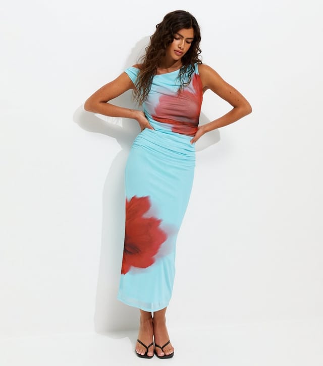 New Look Women's Blue Mesh Blurred Floral Print Off Shoulder Midi Dress New Look - 3