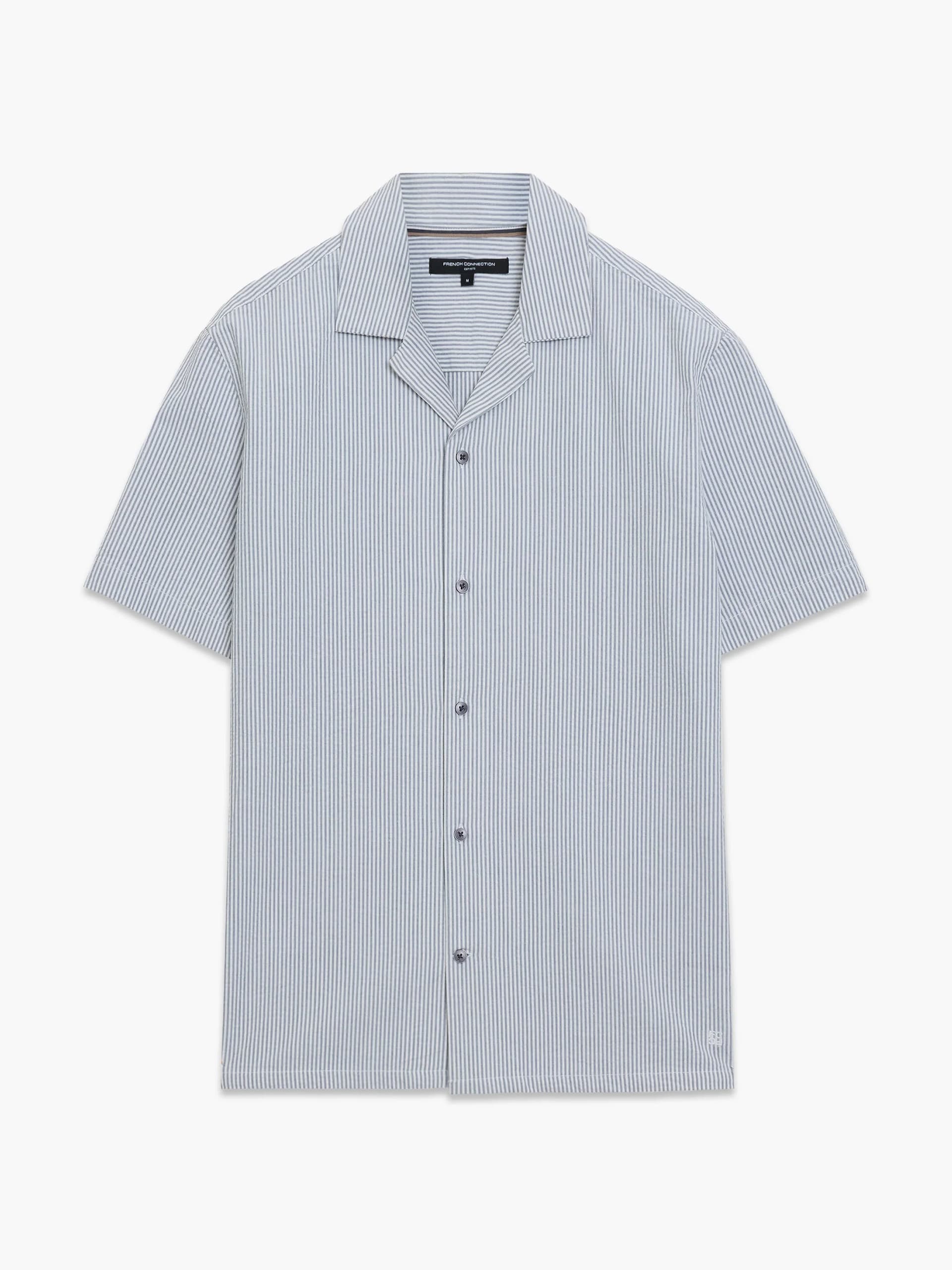 French Connection Short Sleeve Seersucker Blue Striped Holiday Shirt Pearl Blue/White