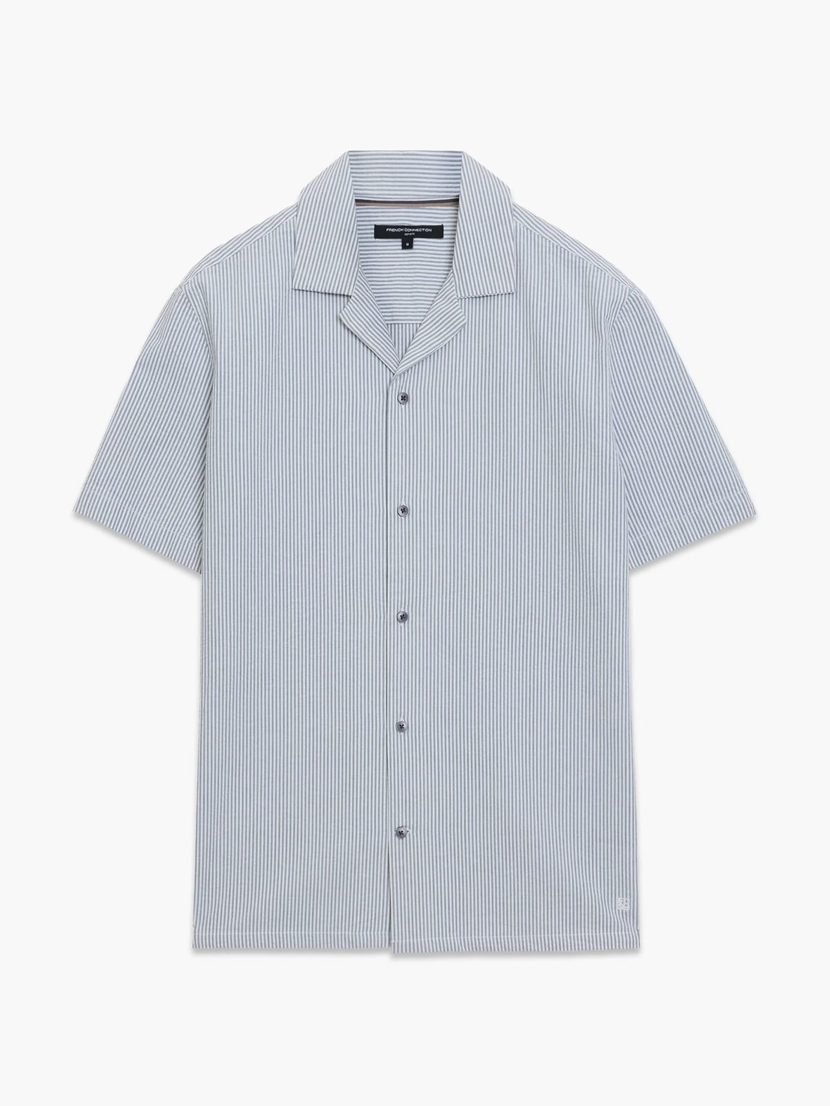 French Connection Short Sleeve Seersucker Blue Striped Holiday Shirt Pearl Blue/White - 1