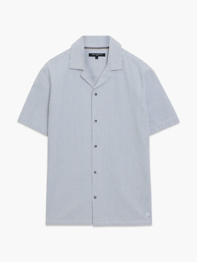 French Connection Short Sleeve Seersucker Blue Striped Holiday Shirt Pearl Blue/White - 1