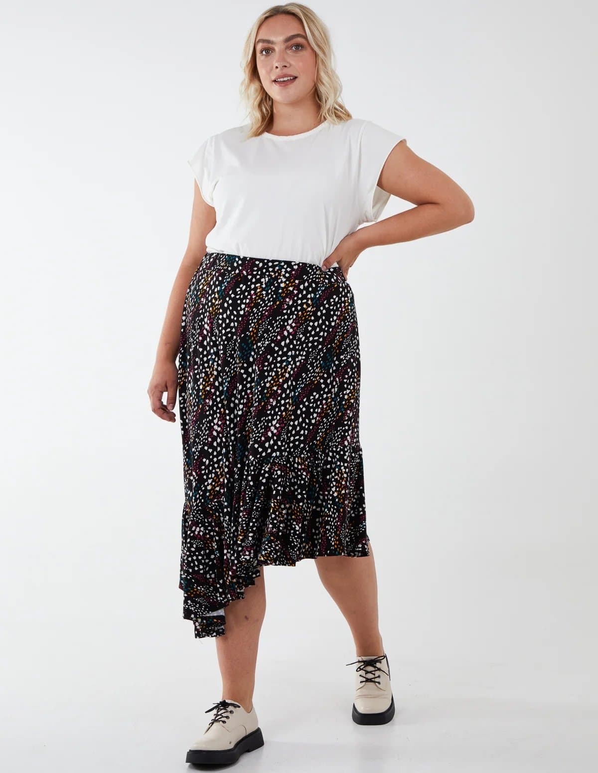 Blue Vanilla Curve Asymmetric Hem Midi Skirt