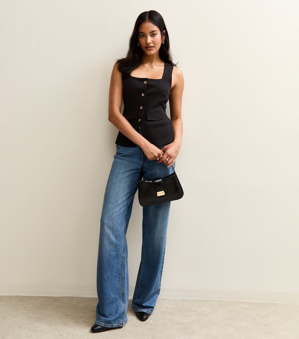 New Look Women's Black Square Neck Button Through Sleeveless Top New Look - 2