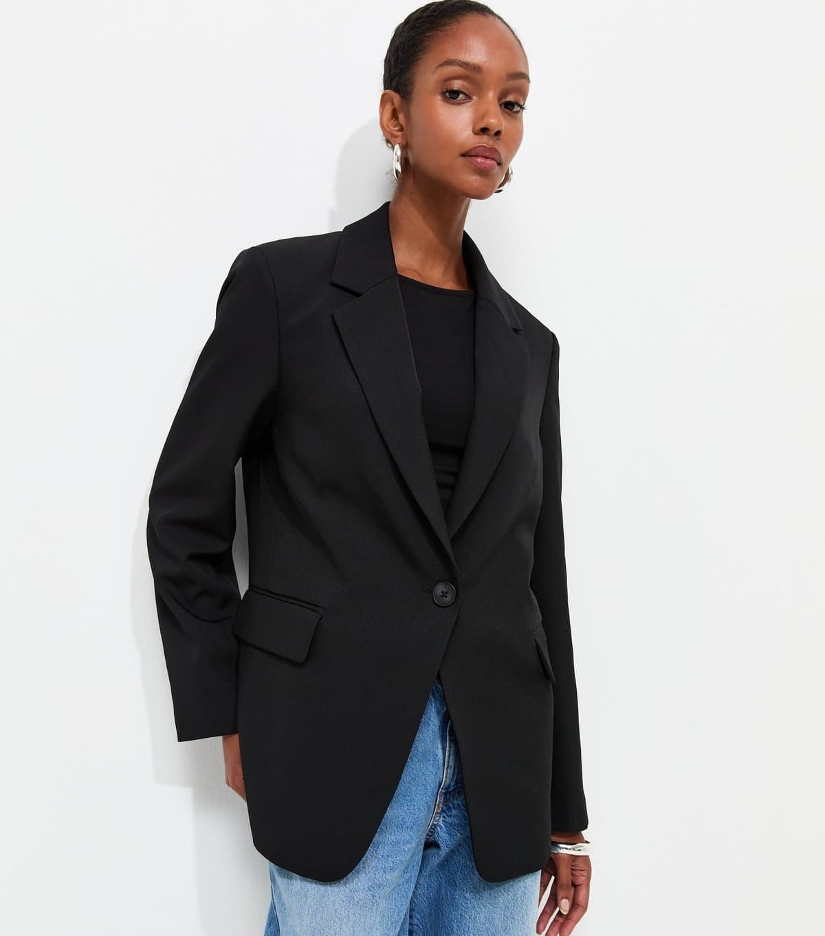 New Look Women's Black Oversized Woven Single Button Blazer New Look
