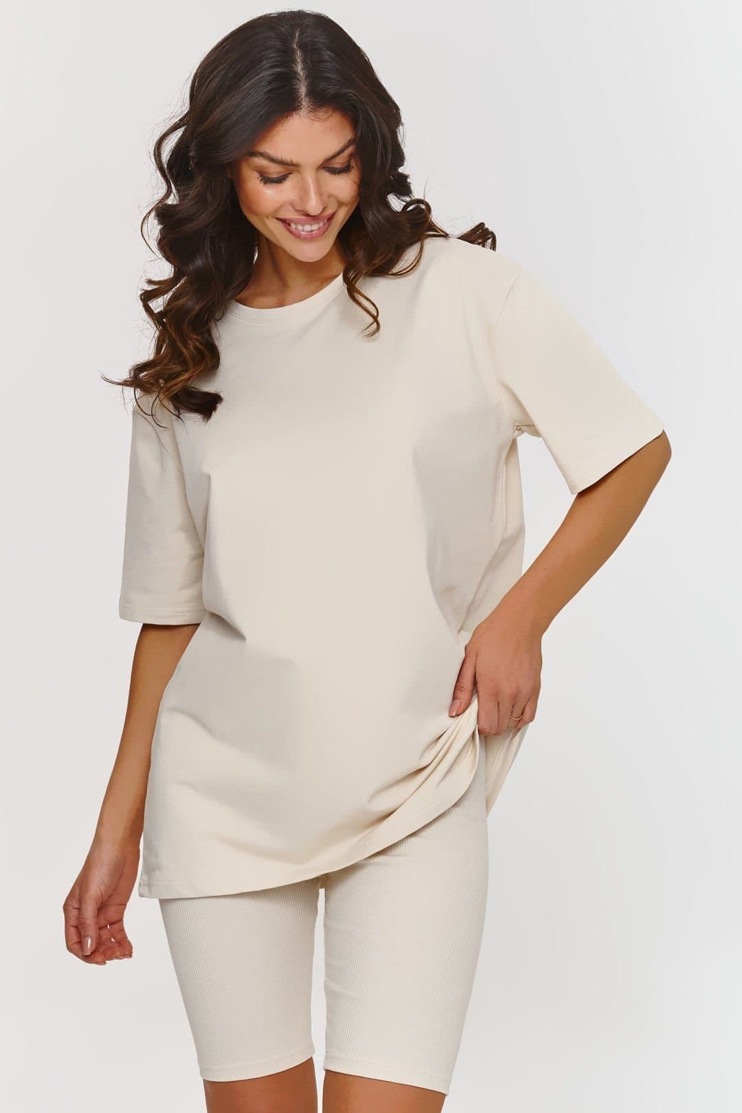 Love Lace Love Lace Women's Ribbed Collar T-Shirt Two Piece Set in Beige