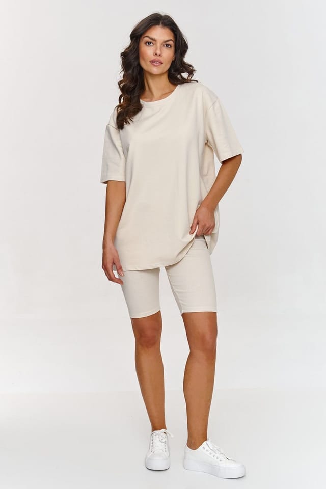 Love Lace Love Lace Women's Ribbed Collar T-Shirt Two Piece Set in Beige - 2