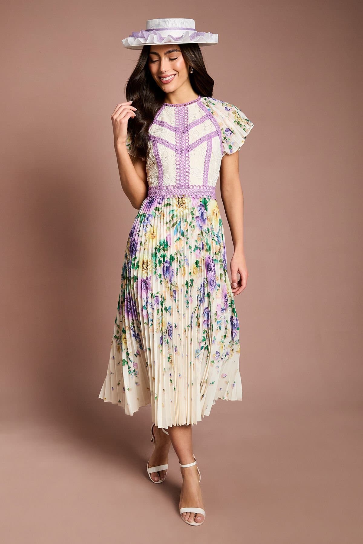 Coast Coast Women's Lisa Tan Floral Printed Lace Trim Pleated Midi Dress in Ivory