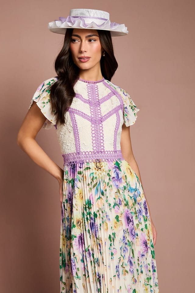 Coast Coast Women's Lisa Tan Floral Printed Lace Trim Pleated Midi Dress in Ivory - 2