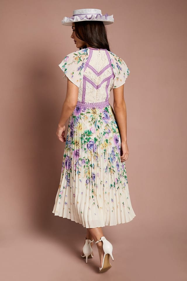 Coast Coast Women's Lisa Tan Floral Printed Lace Trim Pleated Midi Dress in Ivory - 3