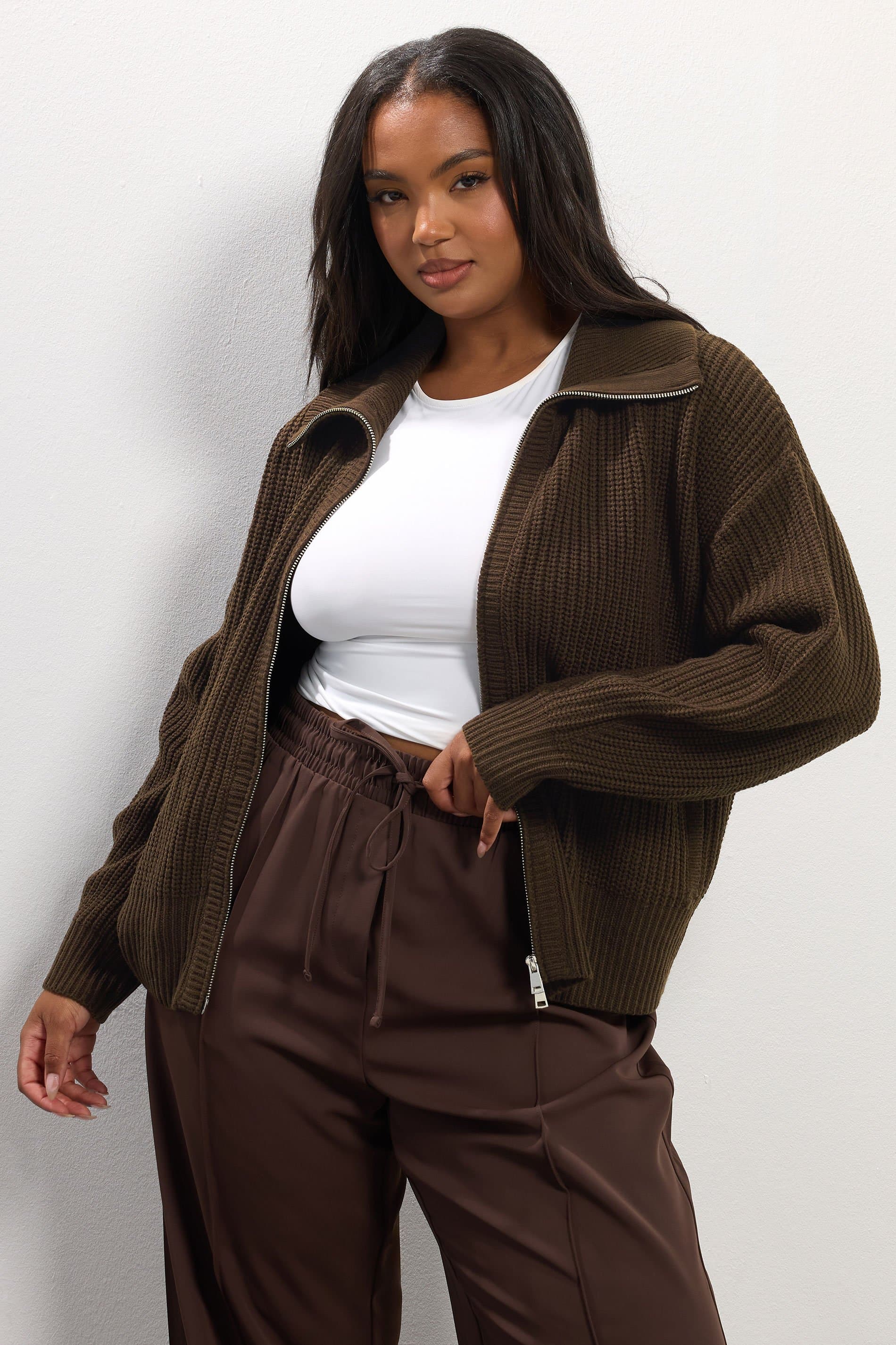 Yours Plus Size Brown Knitted Collared Bomber Cardigan