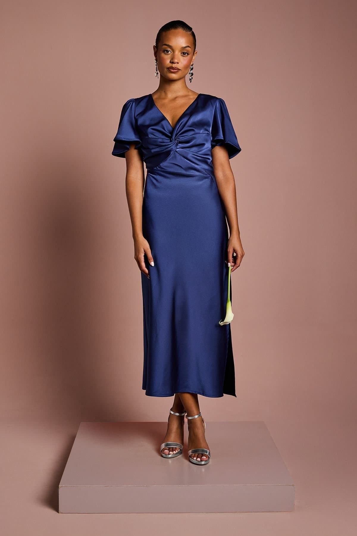 Oasis Oasis Women's Petite Satin Twist Angel Sleeve Midi Bridesmaid Dress in Navy