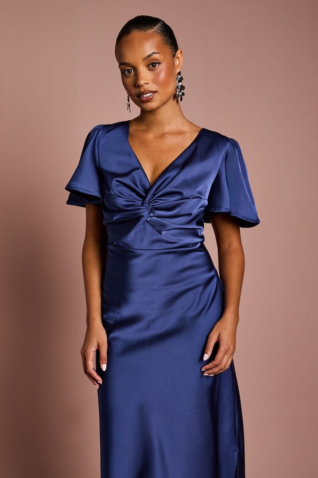 Oasis Oasis Women's Petite Satin Twist Angel Sleeve Midi Bridesmaid Dress in Navy - 2