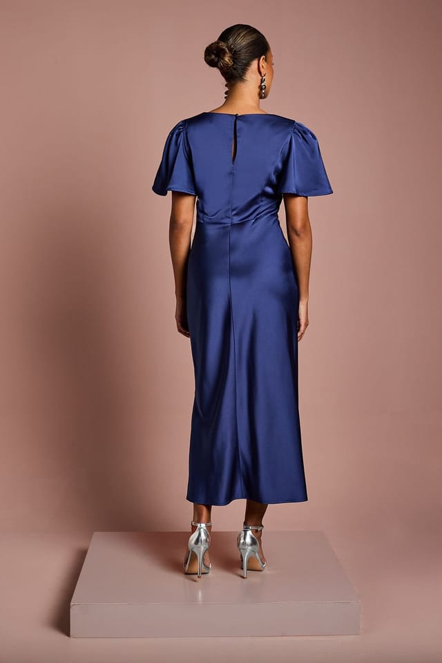 Oasis Oasis Women's Petite Satin Twist Angel Sleeve Midi Bridesmaid Dress in Navy - 3