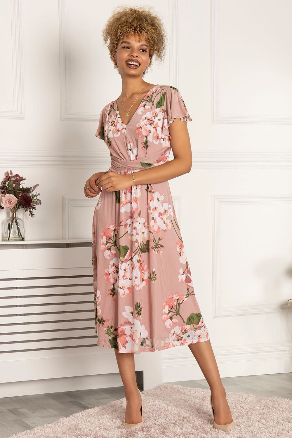 Jolie Moi Jolie Moi Women's Shirley Floral Print Mesh Dress in Dusty Pink - 4