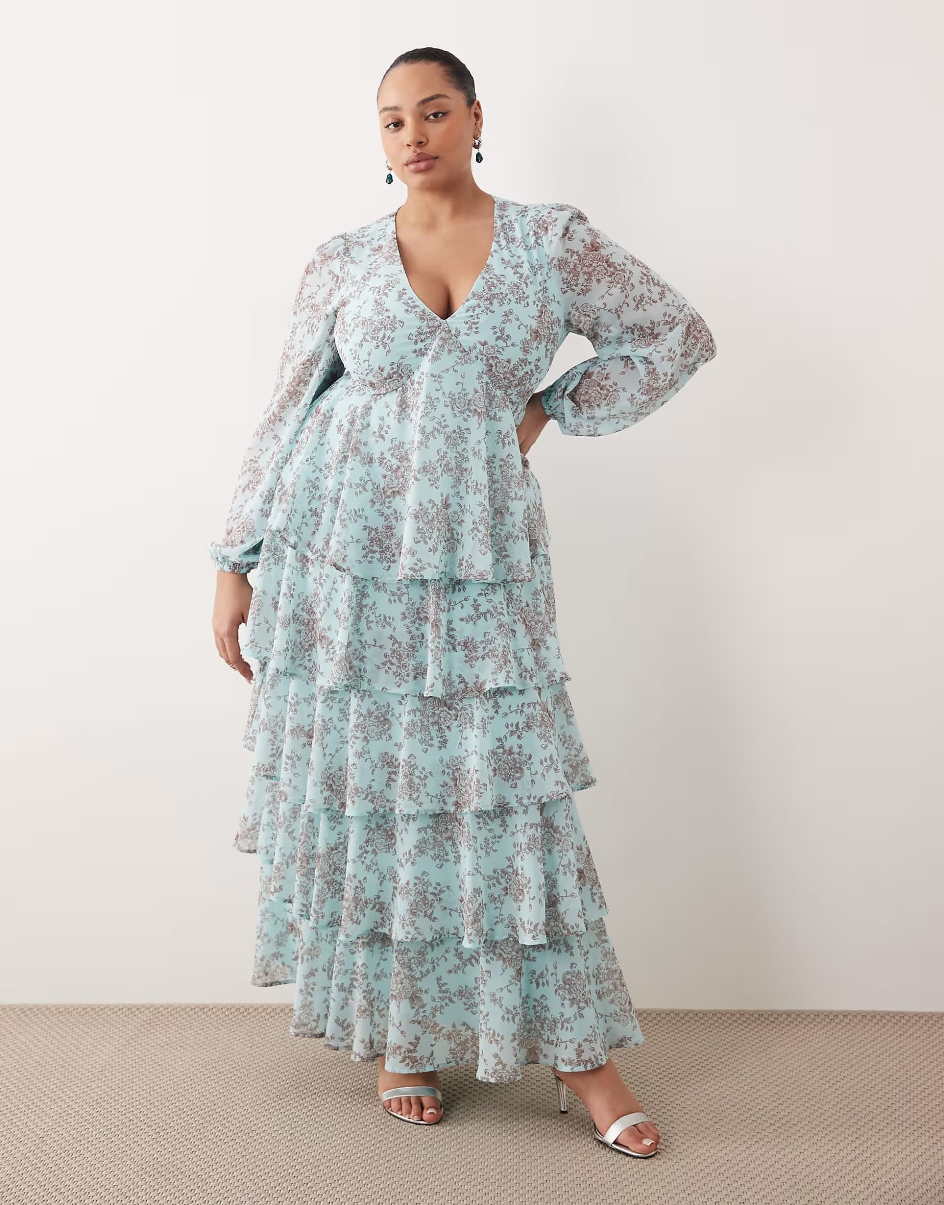 ASOS Pretty Lavish Curve ruffle maxi dress in blue floral