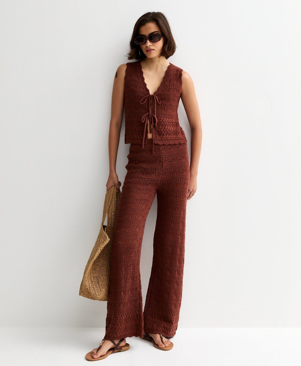 New Look Women's Brown Cotton Rich Wave Stitchy Trousers New Look