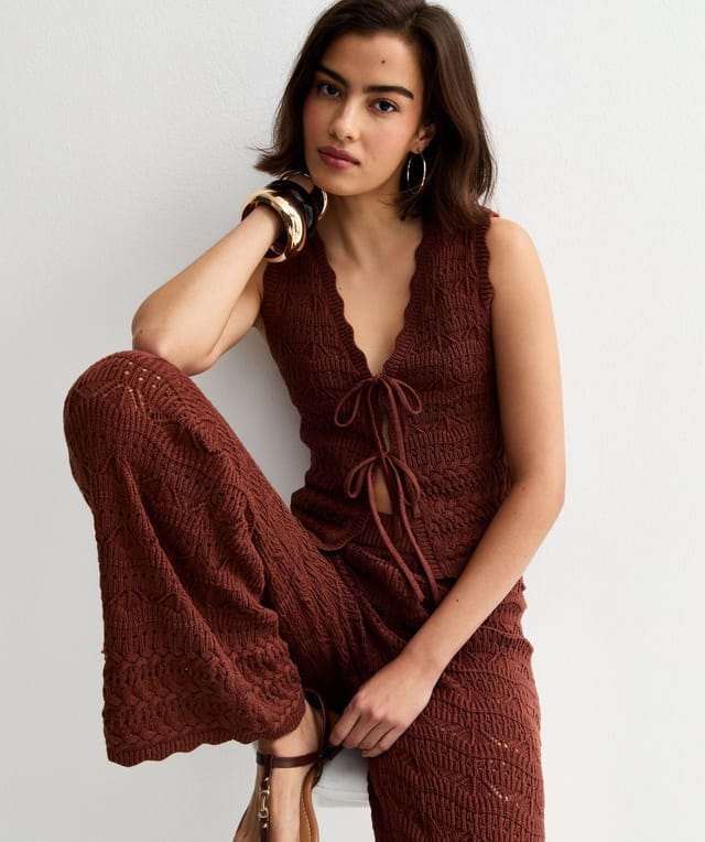 New Look Women's Brown Cotton Rich Wave Stitchy Trousers New Look - 3