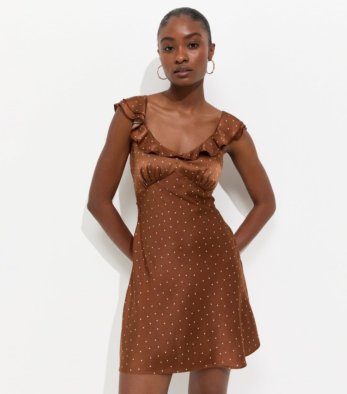New Look Women's Brown Satin Polka Dot Ruffled Strap Mini Dress New Look