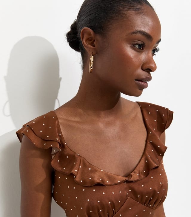 New Look Women's Brown Satin Polka Dot Ruffled Strap Mini Dress New Look - 2