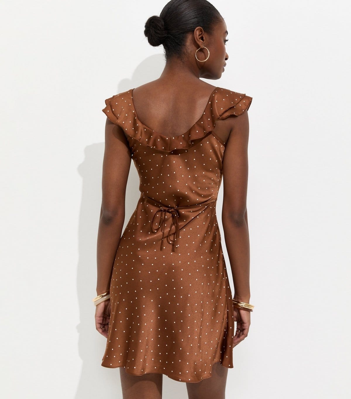 New Look Women's Brown Satin Polka Dot Ruffled Strap Mini Dress New Look - 4