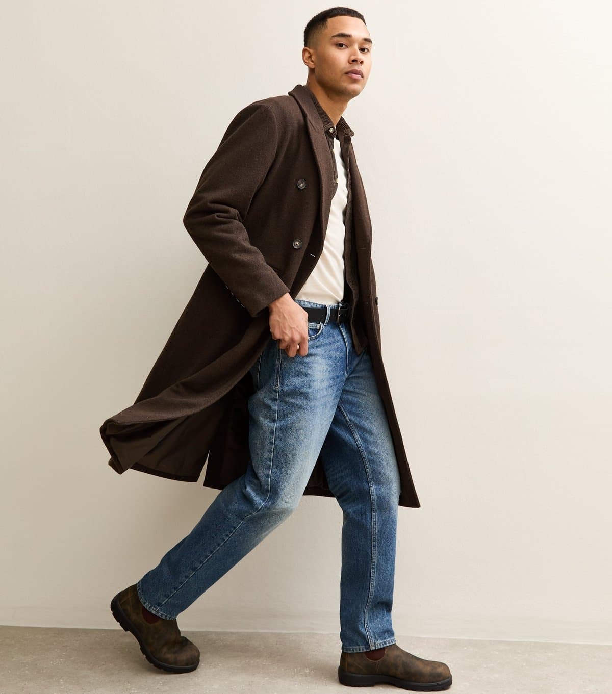 New Look Men's Dark Brown Relaxed Double Breasted Coat New Look